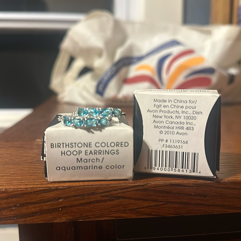 Silver Avon Hoops. March birthstone, aquamarine.